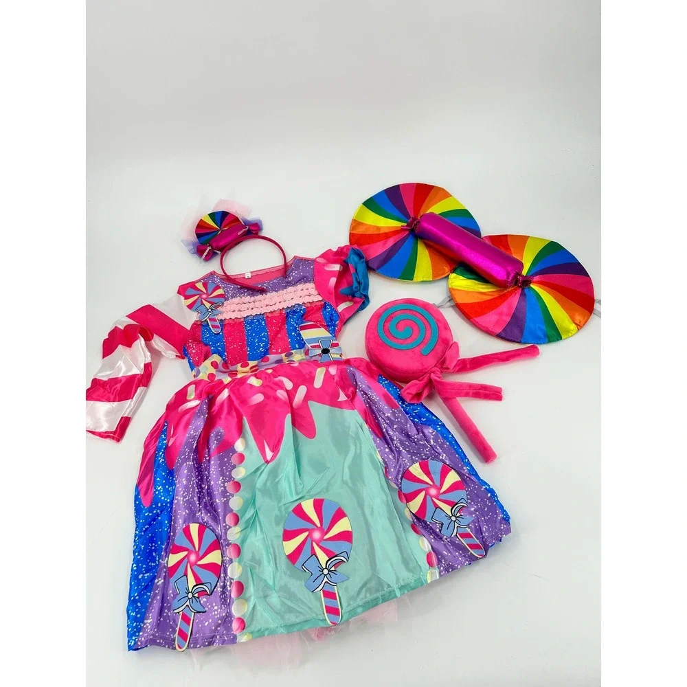 Kids Candy Land Lollipop Costume 4 pieceSet Pink Blue Rainbow Dress Wings Size M